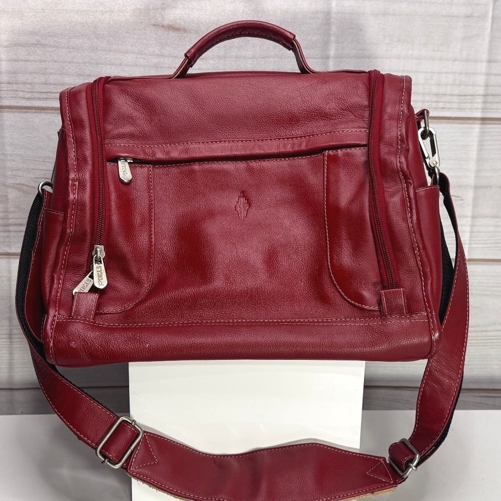 Piel Genuine Leather Red Pebbled Travel Bag Multi-Pocket Shoulder Bag